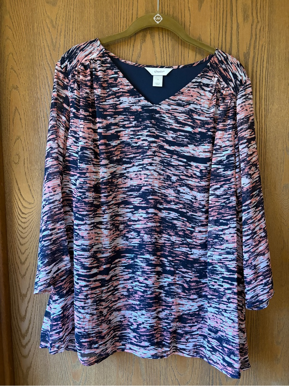 Christopher & Banks Women's Navy & Pink Print V-Neck, 3/4 sleeve Top, Sz 1X